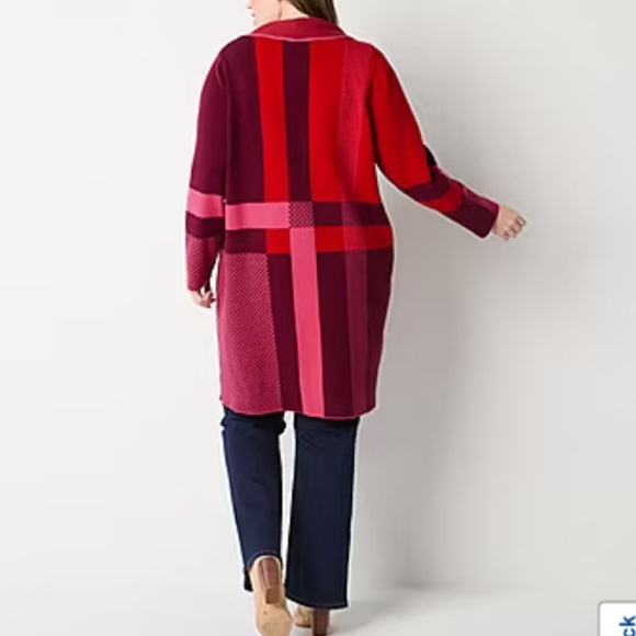 Liz Claiborne Plus Womens Long Sleeve Open Front Plaid Cardigan Cabaret Red - Picture 2 of 4